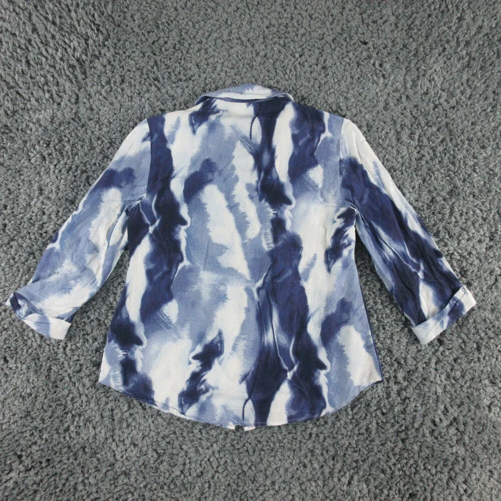 JM Collection Shirt Womens 6 Blue White Linen Blend 3/4 Sleeve Button Up